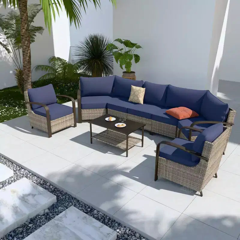 EAGLE PEAK Coastal Vista conjunto de muebles para patio exterior, conjunto curvo de conversación de mimbre en forma de semicírculo con mesa de centro