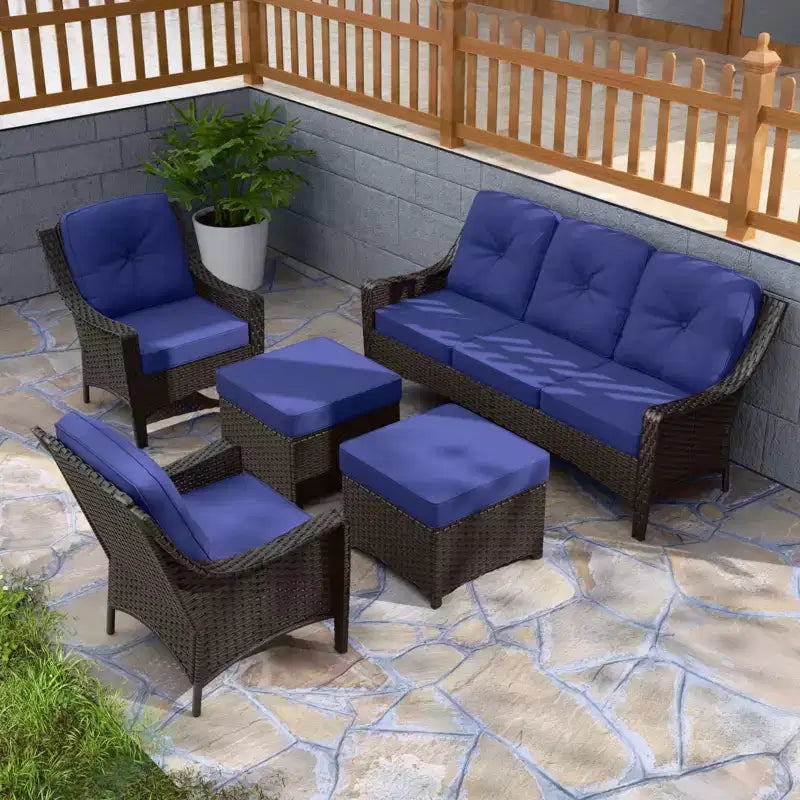 Ensemble de mobilier de patio extérieur en osier EAGLE PEAK Azure Bay, 5 pièces, avec canapé, fauteuils et poufs
