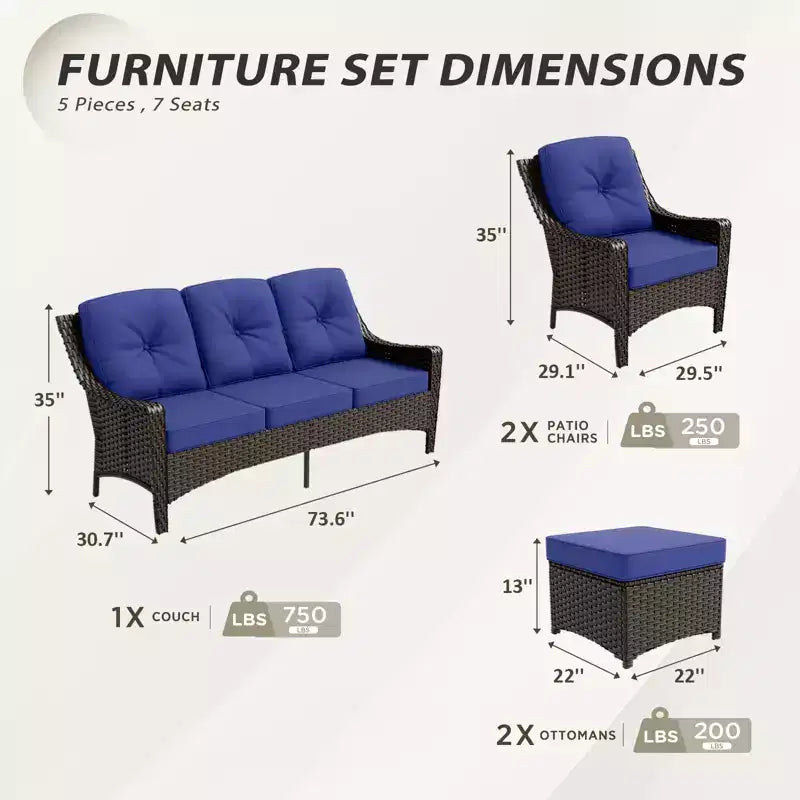 Ensemble de mobilier de patio extérieur en osier EAGLE PEAK Azure Bay, 5 pièces, avec canapé, fauteuils et poufs