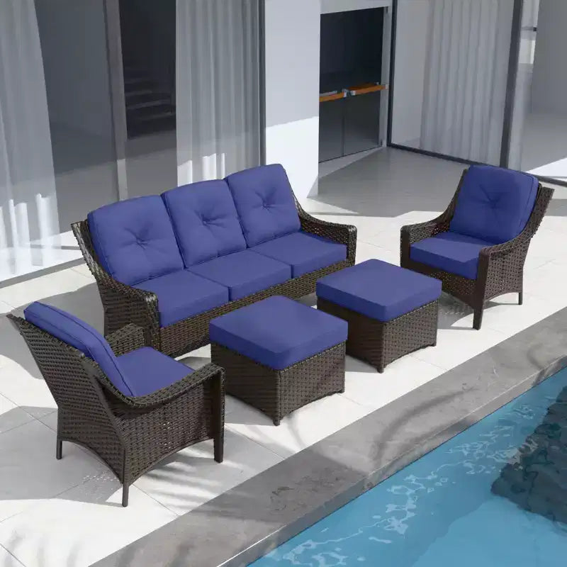 EAGLE PEAK Azure Bay conjunto de muebles de mimbre para patio exterior de 5 piezas, sofá y sillas con otomanas