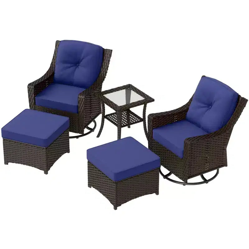 Conjunto de muebles de patio exterior de mimbre Azure Bay de EAGLE PEAK, de 5 piezas, con sillas mecedoras giratorias, otomanas y mesa auxiliar