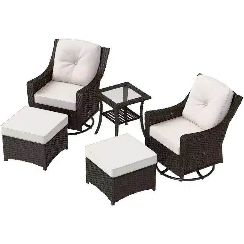 Conjunto de muebles de patio exterior de mimbre Azure Bay de EAGLE PEAK, de 5 piezas, con sillas mecedoras giratorias, otomanas y mesa auxiliar
