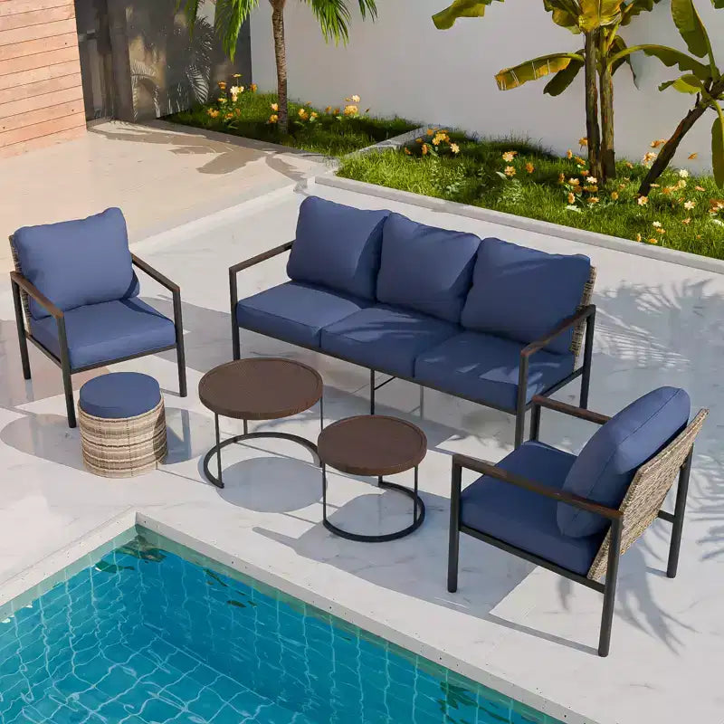 EAGLE PEAK Sunset Dune conjunto de muebles modernos para exteriores de 6 piezas, conjunto de descanso de mimbre y acabado de veta de madera para patio