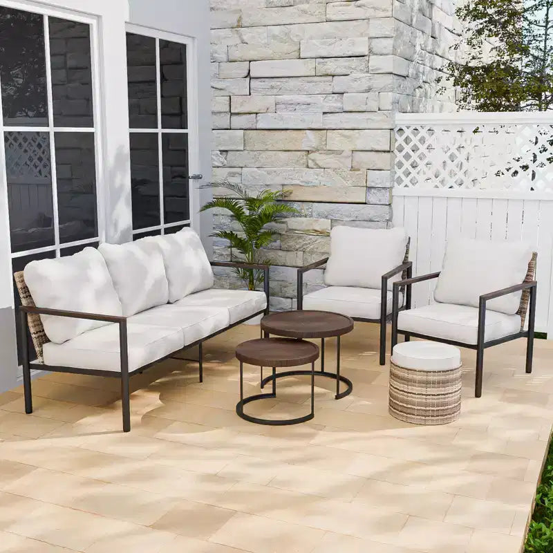EAGLE PEAK Sunset Dune conjunto de muebles modernos para exteriores de 6 piezas, conjunto de descanso de mimbre y acabado de veta de madera para patio