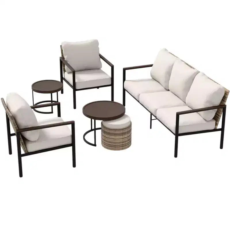EAGLE PEAK Sunset Dune conjunto de muebles modernos para exteriores de 6 piezas, conjunto de descanso de mimbre y acabado de veta de madera para patio