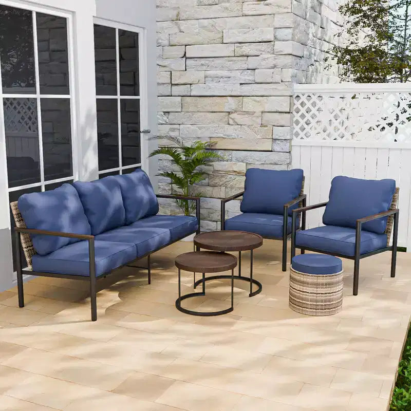 EAGLE PEAK Sunset Dune conjunto de muebles modernos para exteriores de 6 piezas, conjunto de descanso de mimbre y acabado de veta de madera para patio