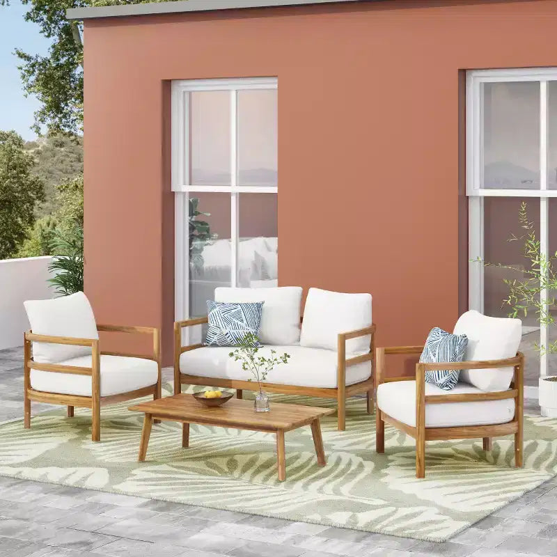 Christopher Knight Home Aggie conjunto de conversación para exteriores de madera de acacia para 4 personas con cojines, teca/blanco
