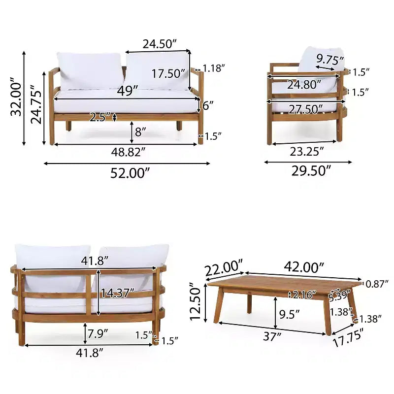 Christopher Knight Home Aggie conjunto de conversación para exteriores de madera de acacia para 4 personas con cojines, teca/blanco