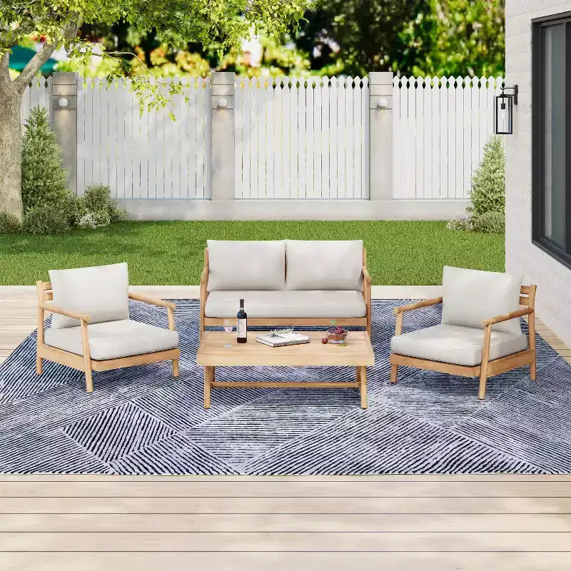 Christopher Knight Home Selina conjunto rústico de asientos para exteriores de 4 piezas, con diseño de listones, madera de acacia y tapizado