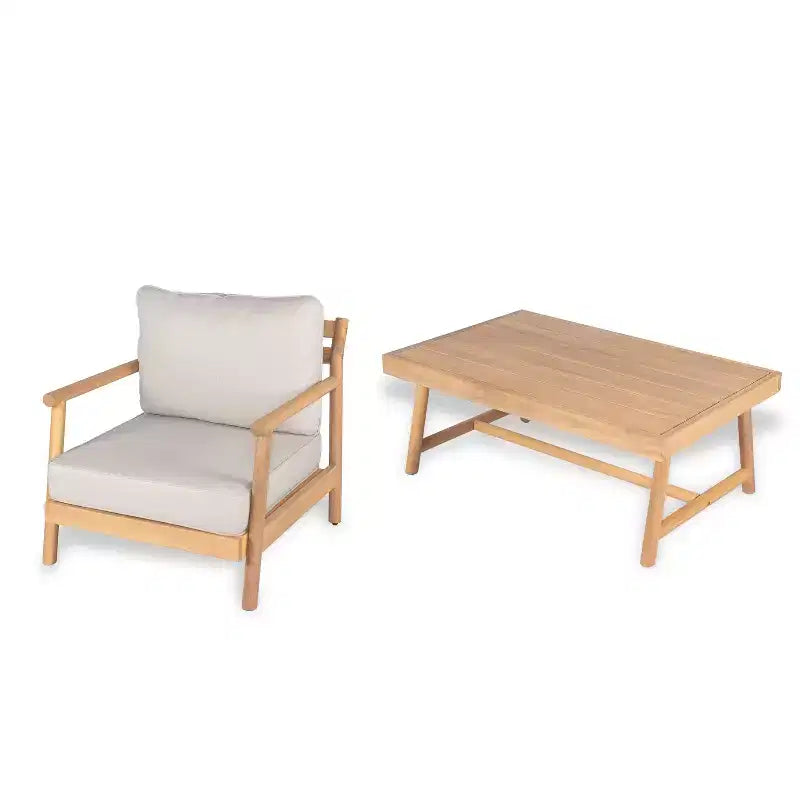 Conjunto de sillón club y mesa de centro rústicos para exteriores Shane de Christopher Knight Home, de madera de acacia tapizada