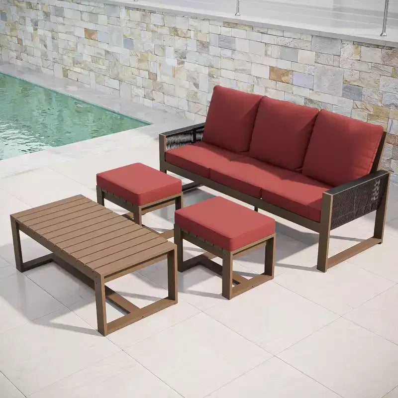 EAGLE PEAK Ensemble de conversation 4 pièces en bois de cèdre naturel, mobilier de patio d’extérieur avec 2 poufs et une table basse