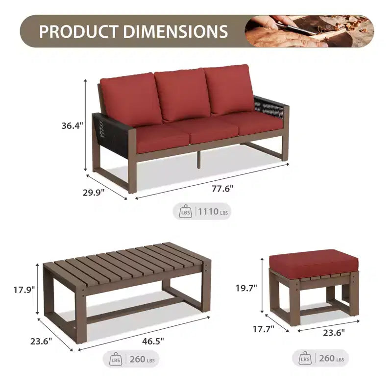 EAGLE PEAK Ensemble de conversation 4 pièces en bois de cèdre naturel, mobilier de patio d’extérieur avec 2 poufs et une table basse