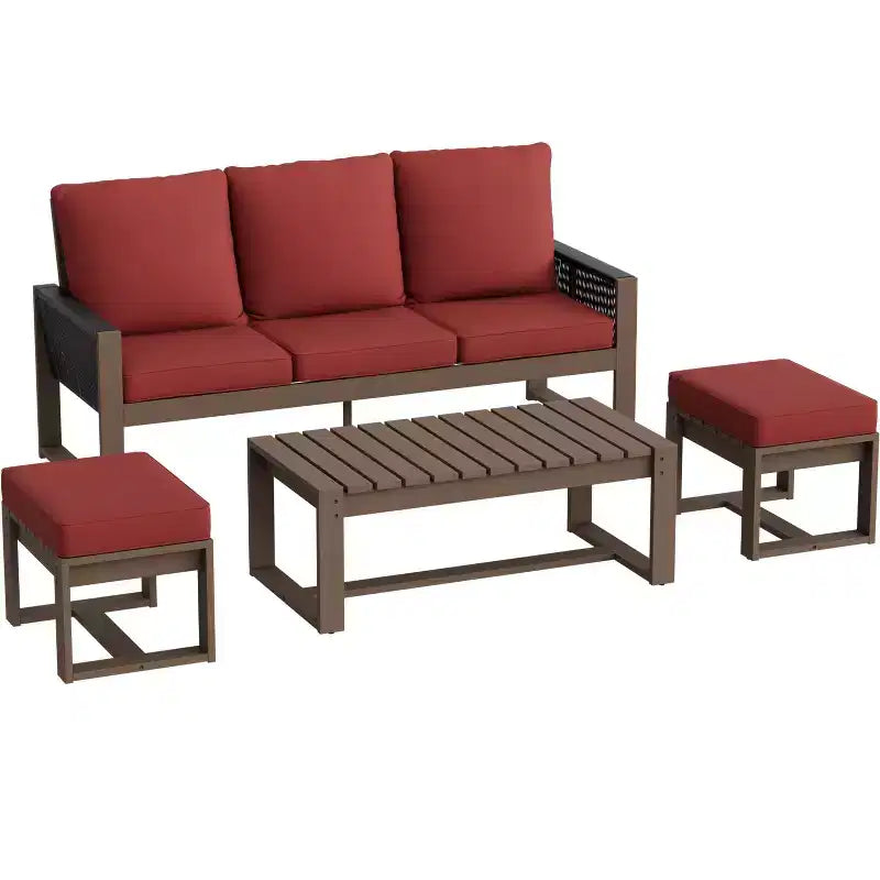 EAGLE PEAK Ensemble de conversation 4 pièces en bois de cèdre naturel, mobilier de patio d’extérieur avec 2 poufs et une table basse