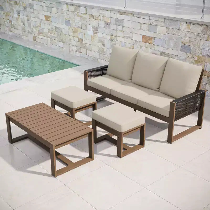 EAGLE PEAK Ensemble de conversation 4 pièces en bois de cèdre naturel, mobilier de patio d’extérieur avec 2 poufs et une table basse