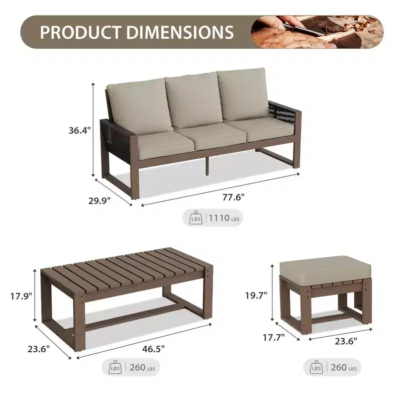 EAGLE PEAK Ensemble de conversation 4 pièces en bois de cèdre naturel, mobilier de patio d’extérieur avec 2 poufs et une table basse