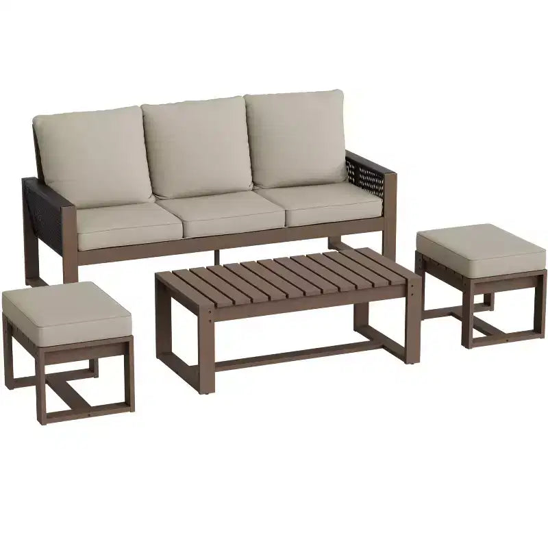 EAGLE PEAK Ensemble de conversation 4 pièces en bois de cèdre naturel, mobilier de patio d’extérieur avec 2 poufs et une table basse