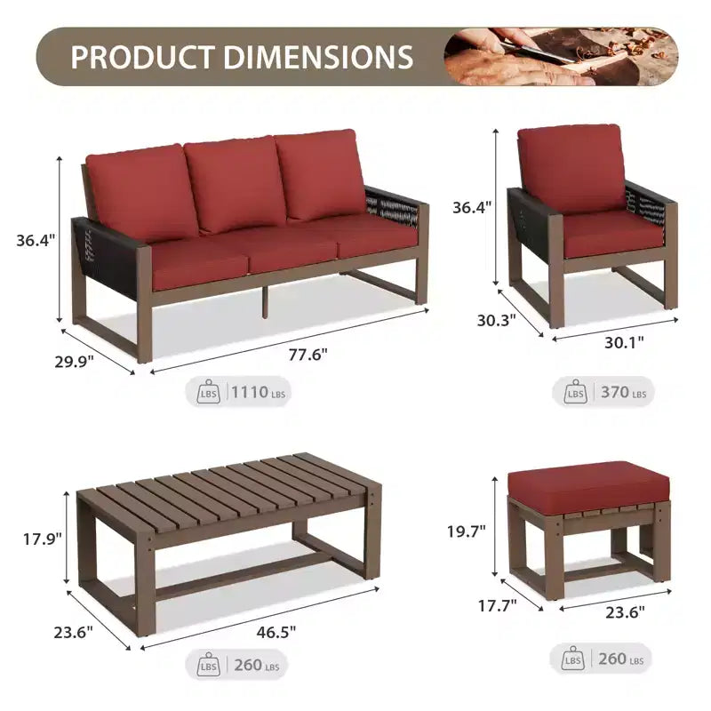 Conjunto de conversación de madera de cedro natural de EAGLE PEAK, muebles de exterior para patio con 2 otomanas y mesa de centro