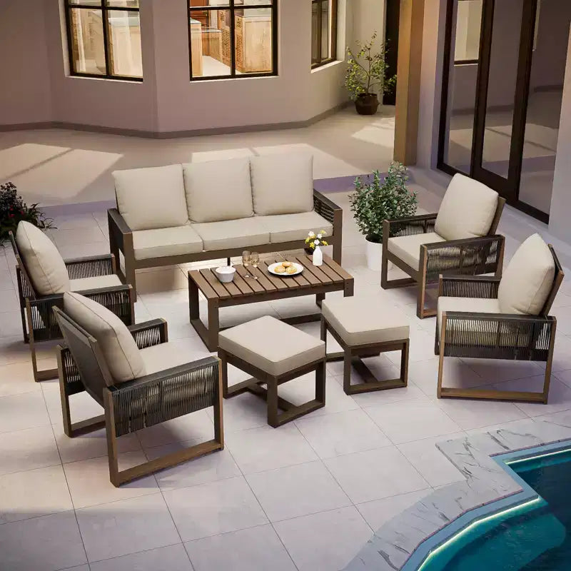 Conjunto de conversación de madera de cedro natural de EAGLE PEAK, muebles de exterior para patio con 2 otomanas y mesa de centro