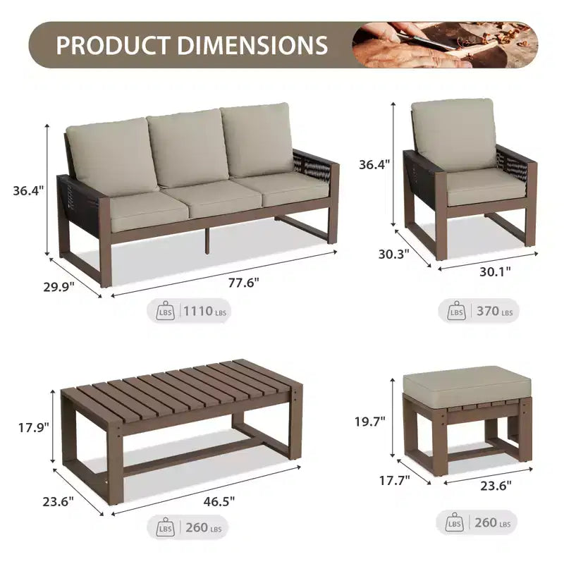 Conjunto de conversación de madera de cedro natural de EAGLE PEAK, muebles de exterior para patio con 2 otomanas y mesa de centro