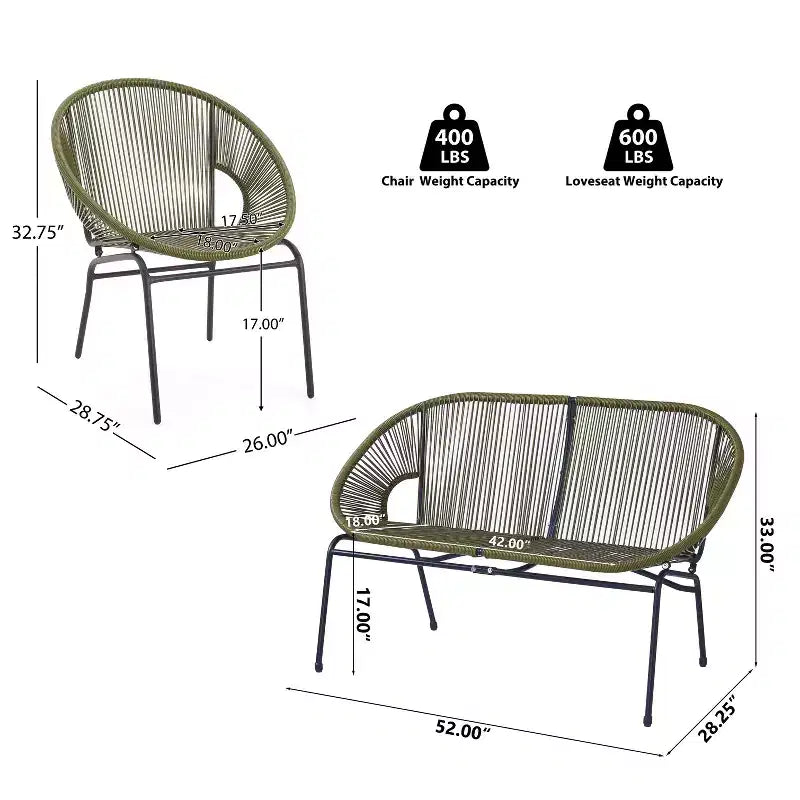 Conjunto de conversación tejido para exteriores de 3 piezas Paoha de Christopher Knight Home con estructura de hierro (mesa no incluida)