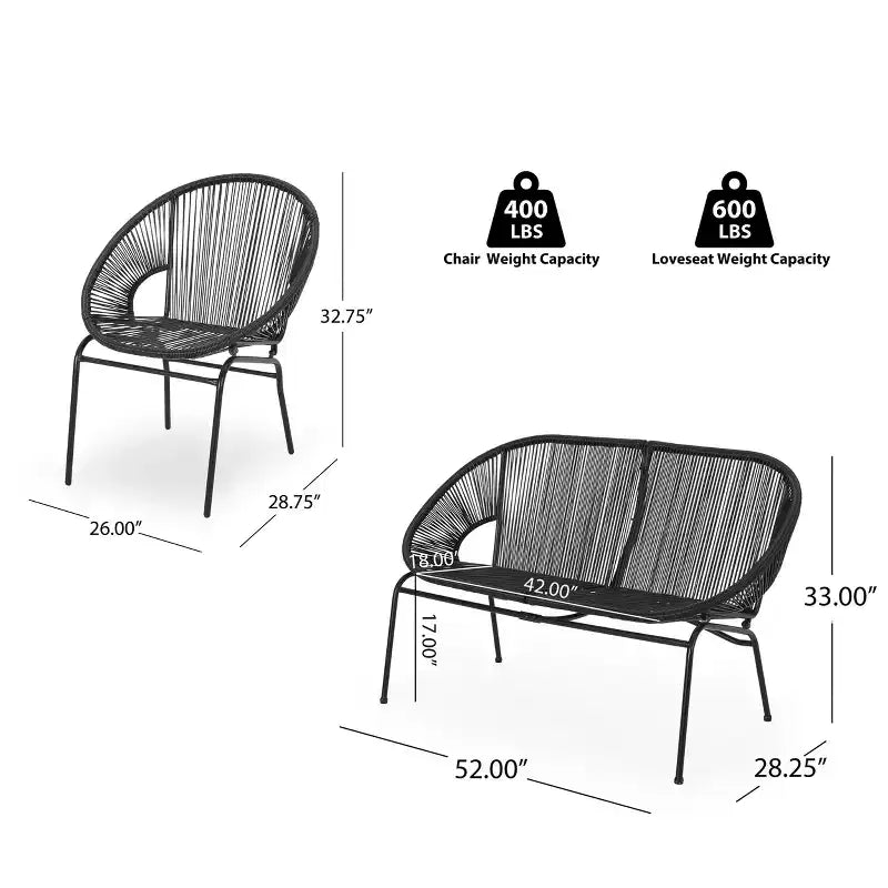Conjunto de conversación tejido para exteriores de 3 piezas Paoha de Christopher Knight Home con estructura de hierro (mesa no incluida)