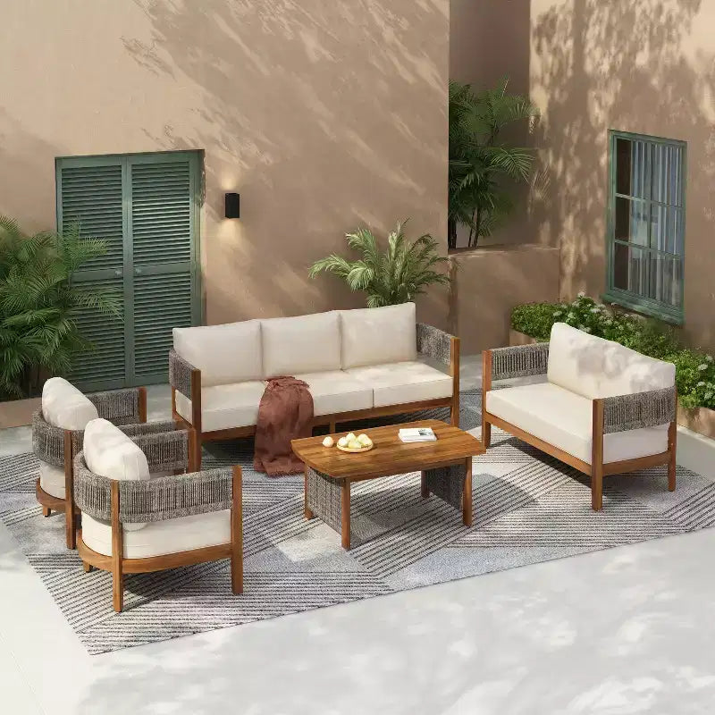 Christopher Knight Home Valentina - Ensemble de salon de patio rustique 5 pièces en bois d'acacia tressé de corde, avec table basse et coussins