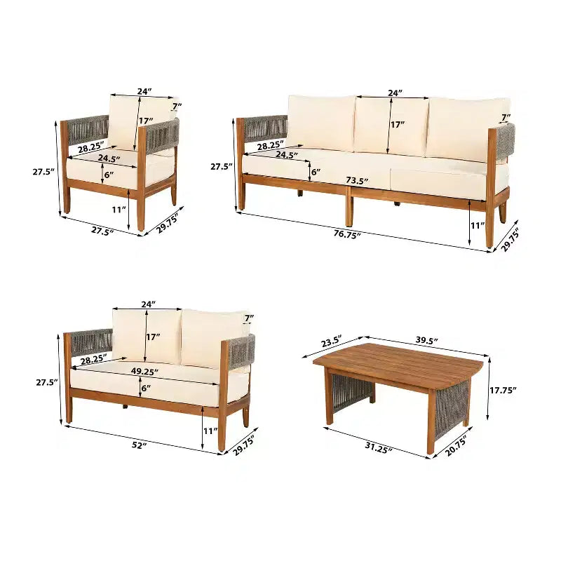 Christopher Knight Home Valentina - Ensemble de salon de patio rustique 5 pièces en bois d'acacia tressé de corde, avec table basse et coussins