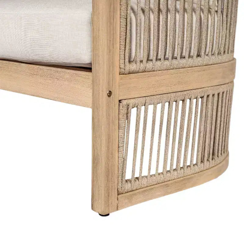 Christopher Knight Home Joplin conjunto de conversación para exteriores de 5 piezas, de madera de acacia y cuerda, con cojines y brasero redondo