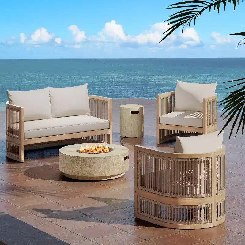 Christopher Knight Home Joplin conjunto de conversación para exteriores de 5 piezas, de madera de acacia y cuerda, con cojines y brasero redondo