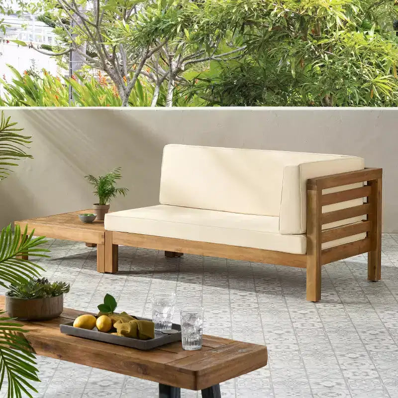 Christopher Knight Home Oana conjunto de sofá biplaza con brazo derecho para exteriores, de madera de acacia, y mesa de centro, con cojín