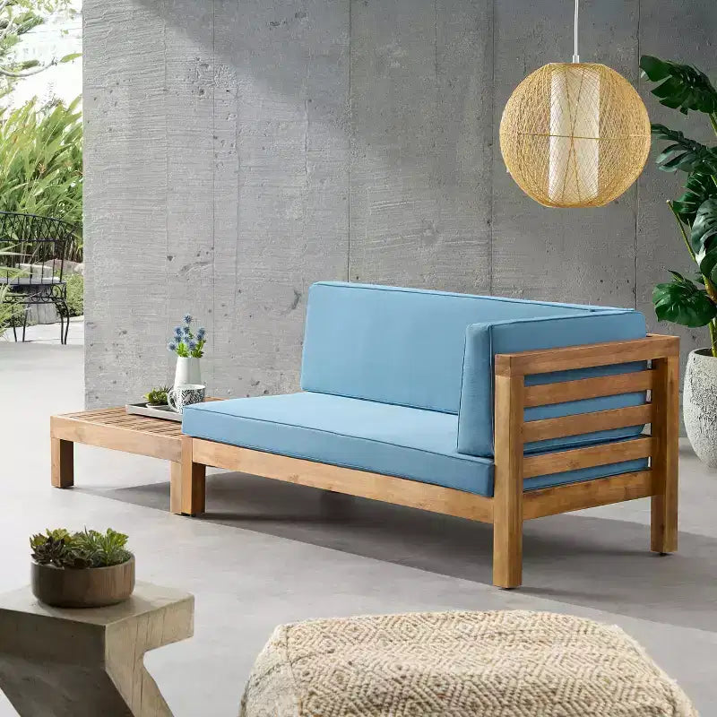 Christopher Knight Home Oana conjunto de sofá biplaza con brazo derecho para exteriores, de madera de acacia, y mesa de centro, con cojín