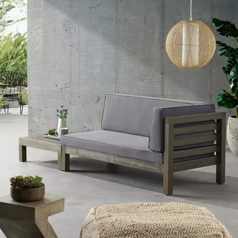 Christopher Knight Home Oana conjunto de sofá biplaza con brazo derecho para exteriores, de madera de acacia, y mesa de centro, con cojín