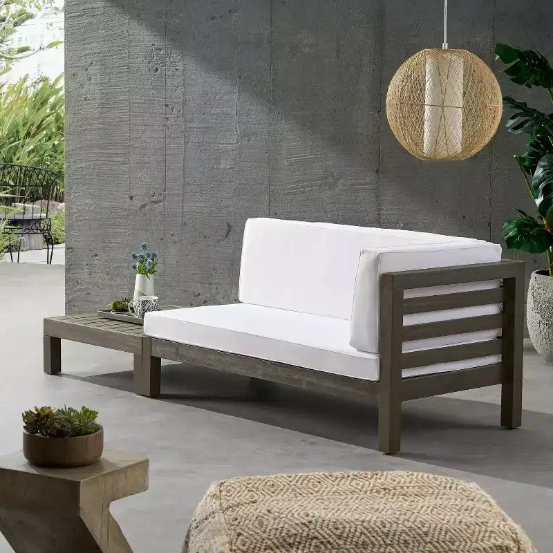 Christopher Knight Home Oana conjunto de sofá biplaza con brazo derecho para exteriores, de madera de acacia, y mesa de centro, con cojín