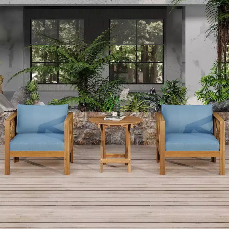 Christopher Knight Home Cedric Transitional 3 Piece Patio Acacia Wood Club Chairs with Foldable Accent Table