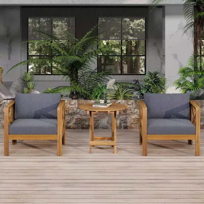 Christopher Knight Home Cedric Transitional 3 Piece Patio Acacia Wood Club Chairs with Foldable Accent Table