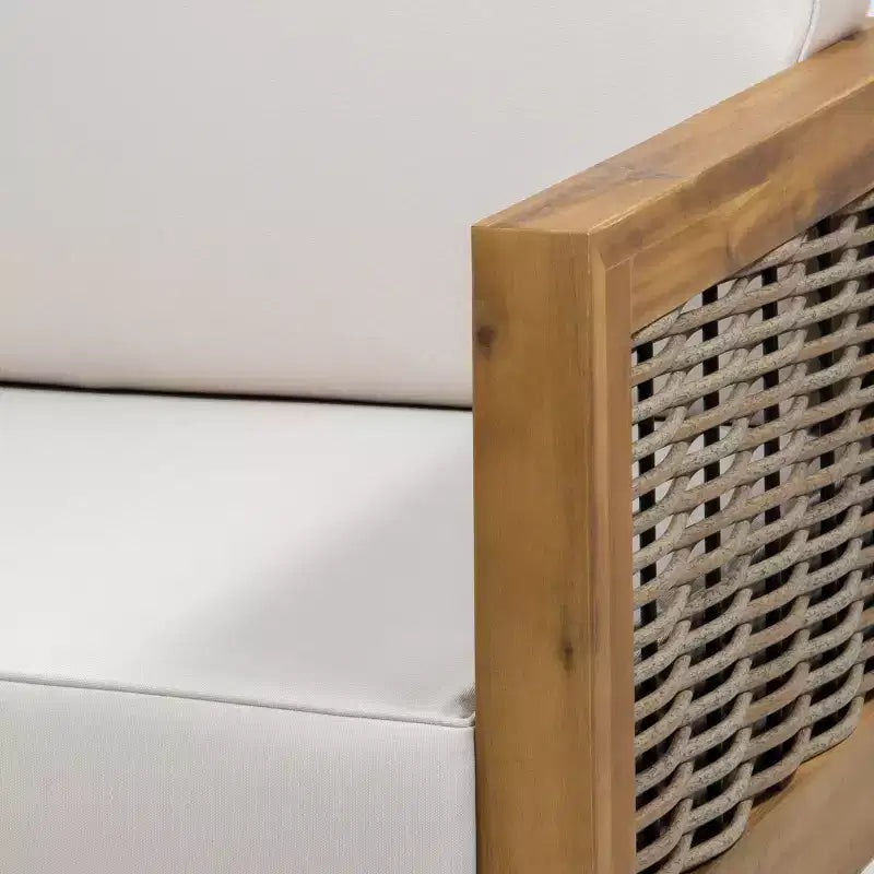 Conjunto de sofá biplaza y mesa de centro para exteriores GDFStudio Allegra, de madera de acacia y mimbre, con cojines