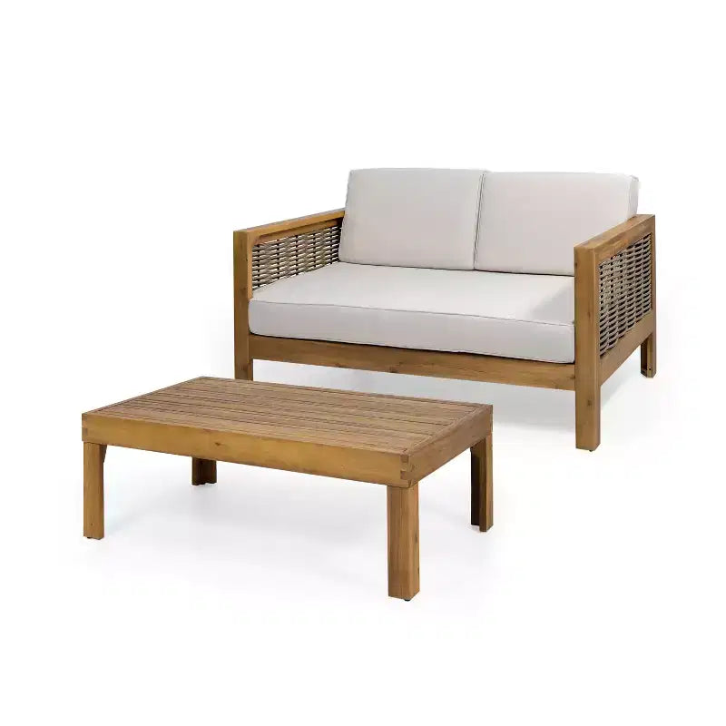 Conjunto de sofá biplaza y mesa de centro para exteriores GDFStudio Allegra, de madera de acacia y mimbre, con cojines