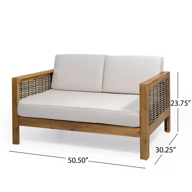 Conjunto de sofá biplaza y mesa de centro para exteriores GDFStudio Allegra, de madera de acacia y mimbre, con cojines