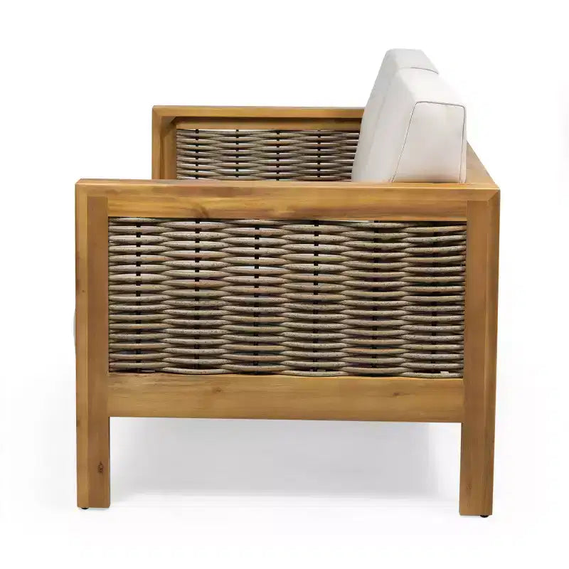Conjunto de sofá biplaza y mesa de centro para exteriores GDFStudio Allegra, de madera de acacia y mimbre, con cojines