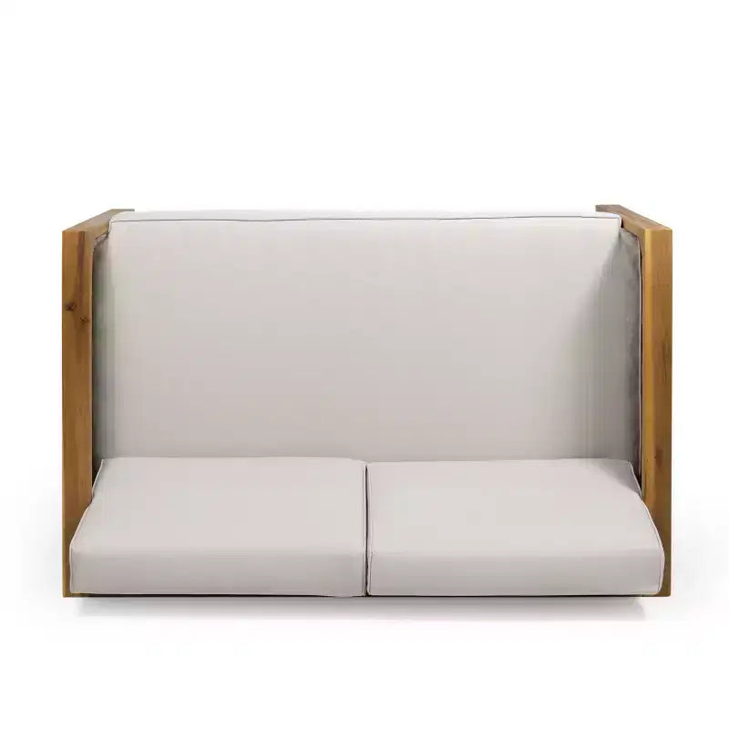 Conjunto de sofá biplaza y mesa de centro para exteriores GDFStudio Allegra, de madera de acacia y mimbre, con cojines