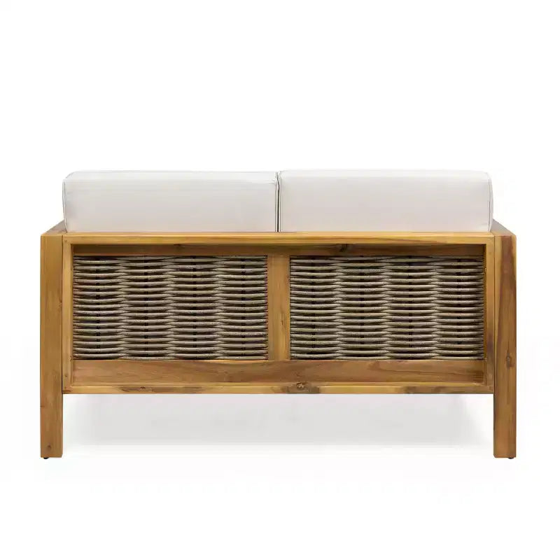 Conjunto de sofá biplaza y mesa de centro para exteriores GDFStudio Allegra, de madera de acacia y mimbre, con cojines