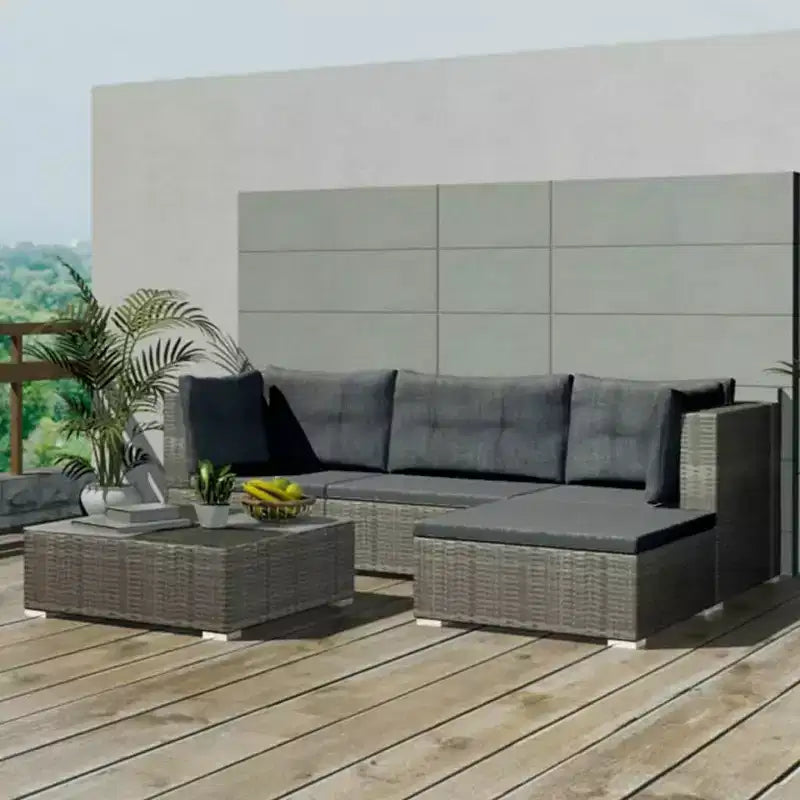 Conjunto de descanso para exterior de 5 piezas vidaXL: ratán de polietileno gris, con cojines, fundas extraíbles y mesa de té, perfecto para la zona de la piscina, el jardín o el patio trasero
