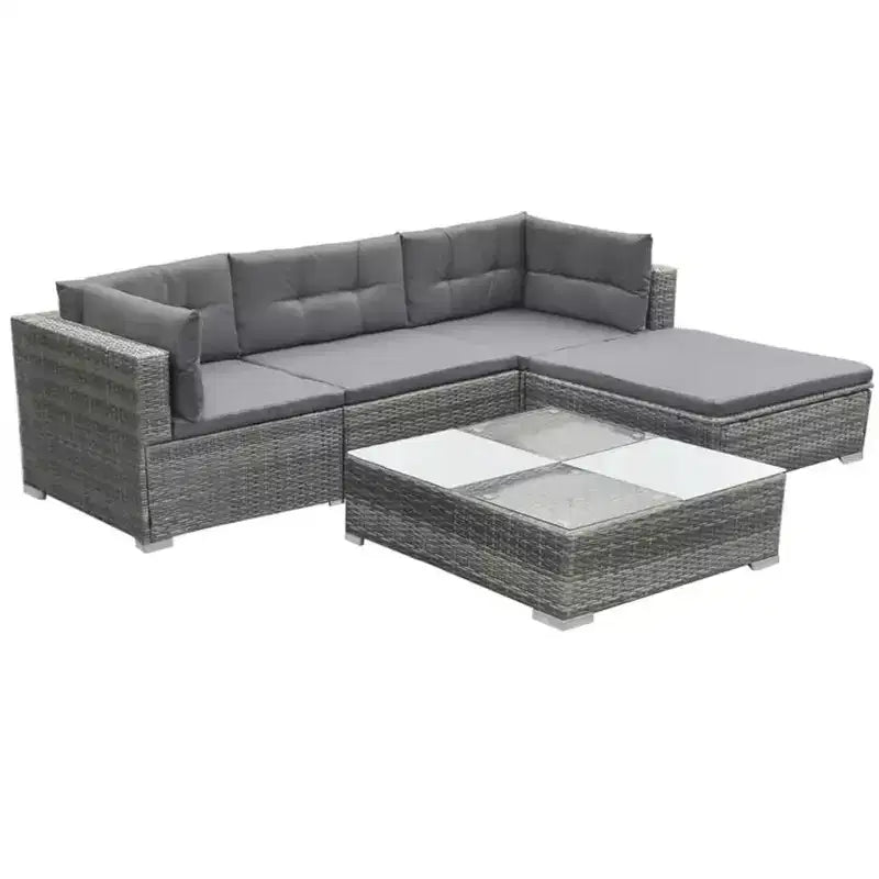 Conjunto de descanso para exterior de 5 piezas vidaXL: ratán de polietileno gris, con cojines, fundas extraíbles y mesa de té, perfecto para la zona de la piscina, el jardín o el patio trasero