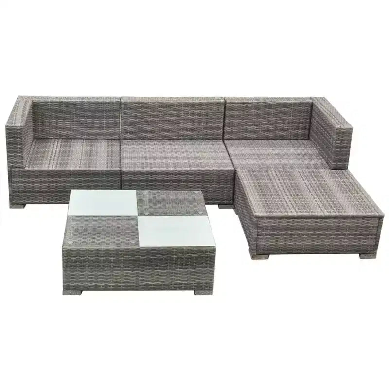 Conjunto de descanso para exterior de 5 piezas vidaXL: ratán de polietileno gris, con cojines, fundas extraíbles y mesa de té, perfecto para la zona de la piscina, el jardín o el patio trasero