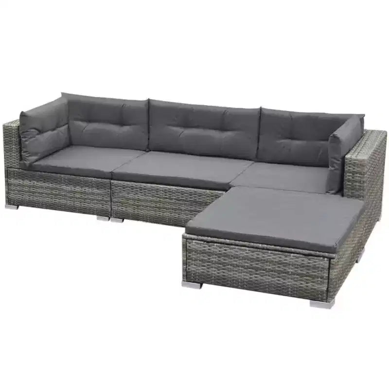 Conjunto de descanso para exterior de 5 piezas vidaXL: ratán de polietileno gris, con cojines, fundas extraíbles y mesa de té, perfecto para la zona de la piscina, el jardín o el patio trasero
