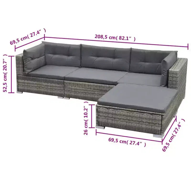 Conjunto de descanso para exterior de 5 piezas vidaXL: ratán de polietileno gris, con cojines, fundas extraíbles y mesa de té, perfecto para la zona de la piscina, el jardín o el patio trasero