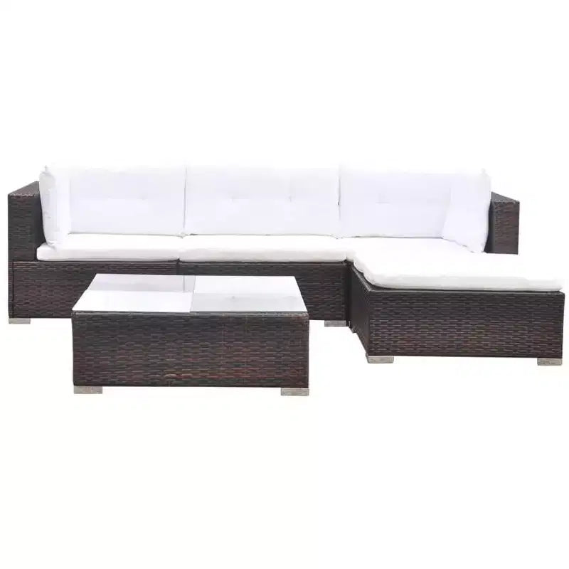 vidaXL conjunto de salón para patio de 5 piezas - ratán sintético, marrón - conjunto de sofá para exteriores duradero y resistente a todo tipo de clima, con cojines, otomana y mesa de té