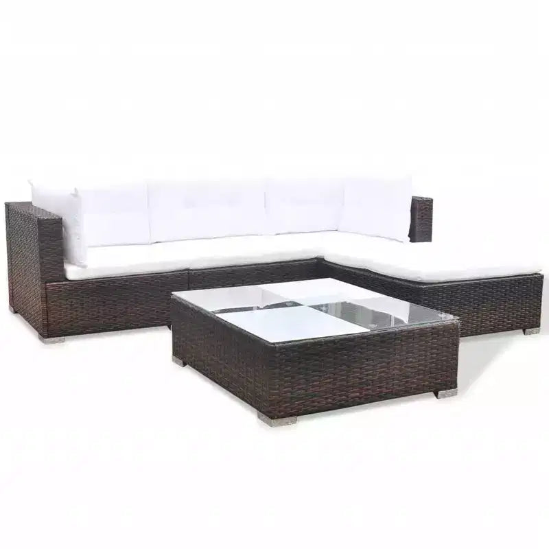 vidaXL conjunto de salón para patio de 5 piezas - ratán sintético, marrón - conjunto de sofá para exteriores duradero y resistente a todo tipo de clima, con cojines, otomana y mesa de té