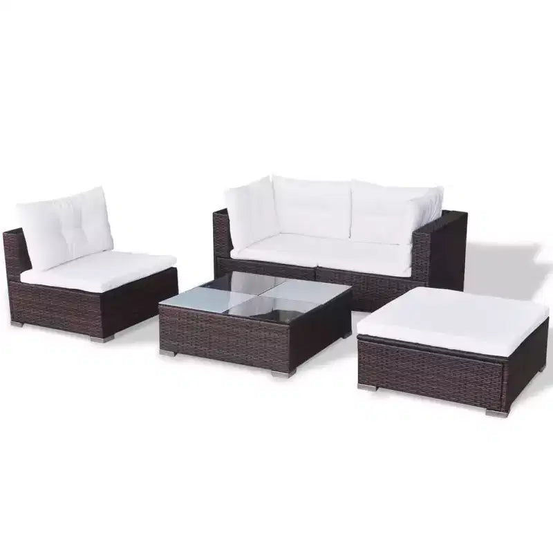 vidaXL conjunto de salón para patio de 5 piezas - ratán sintético, marrón - conjunto de sofá para exteriores duradero y resistente a todo tipo de clima, con cojines, otomana y mesa de té