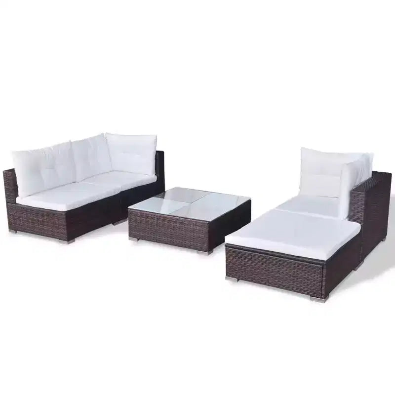 vidaXL conjunto de salón para patio de 5 piezas - ratán sintético, marrón - conjunto de sofá para exteriores duradero y resistente a todo tipo de clima, con cojines, otomana y mesa de té